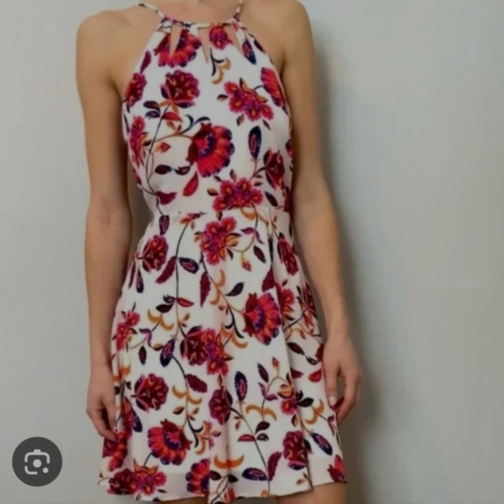 Express Halter Neck Vibrant Floral Fit n Flare Mini Summer Dress Size 0 White